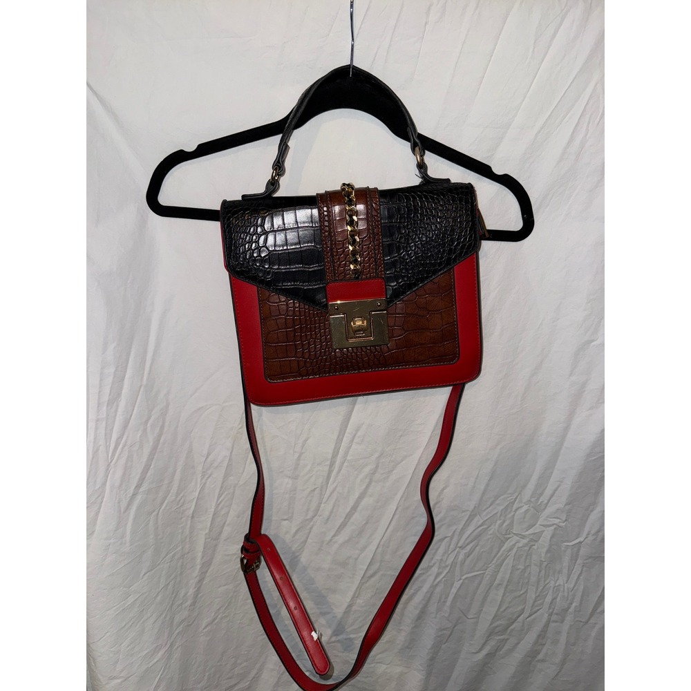 Tri-Color Croc Embossed Satchel Handbag Red Brown Black Gold Hardware Crossbody